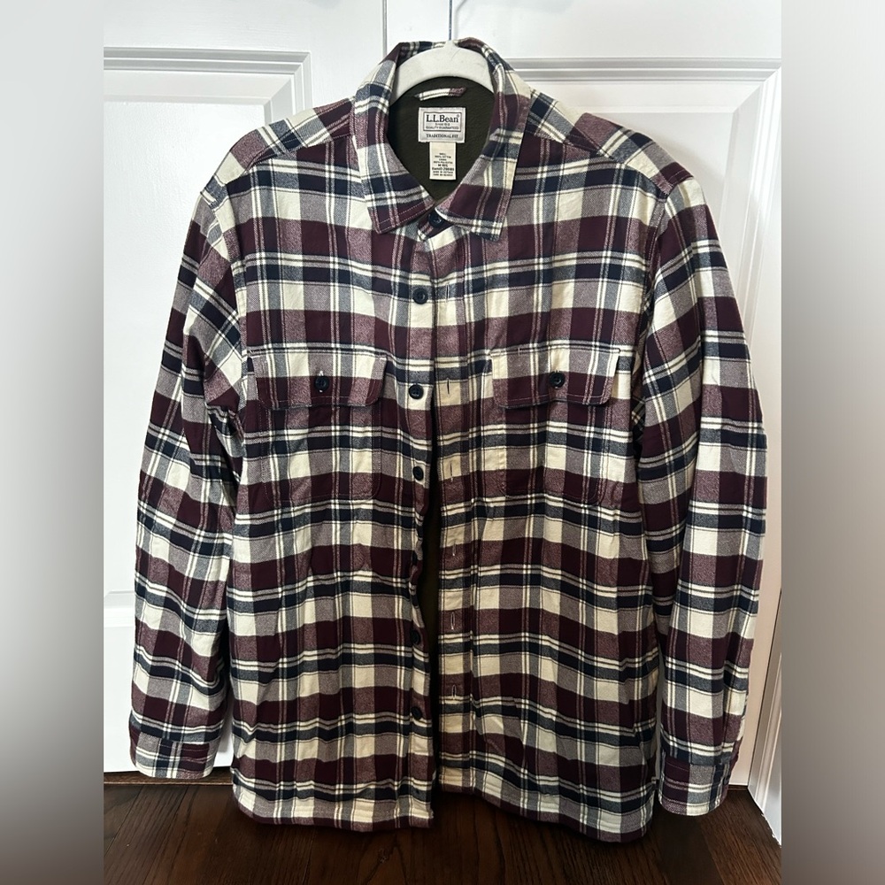 L.L. Bean Fleece-Lined Burgundy and Cream Shirt Jacket